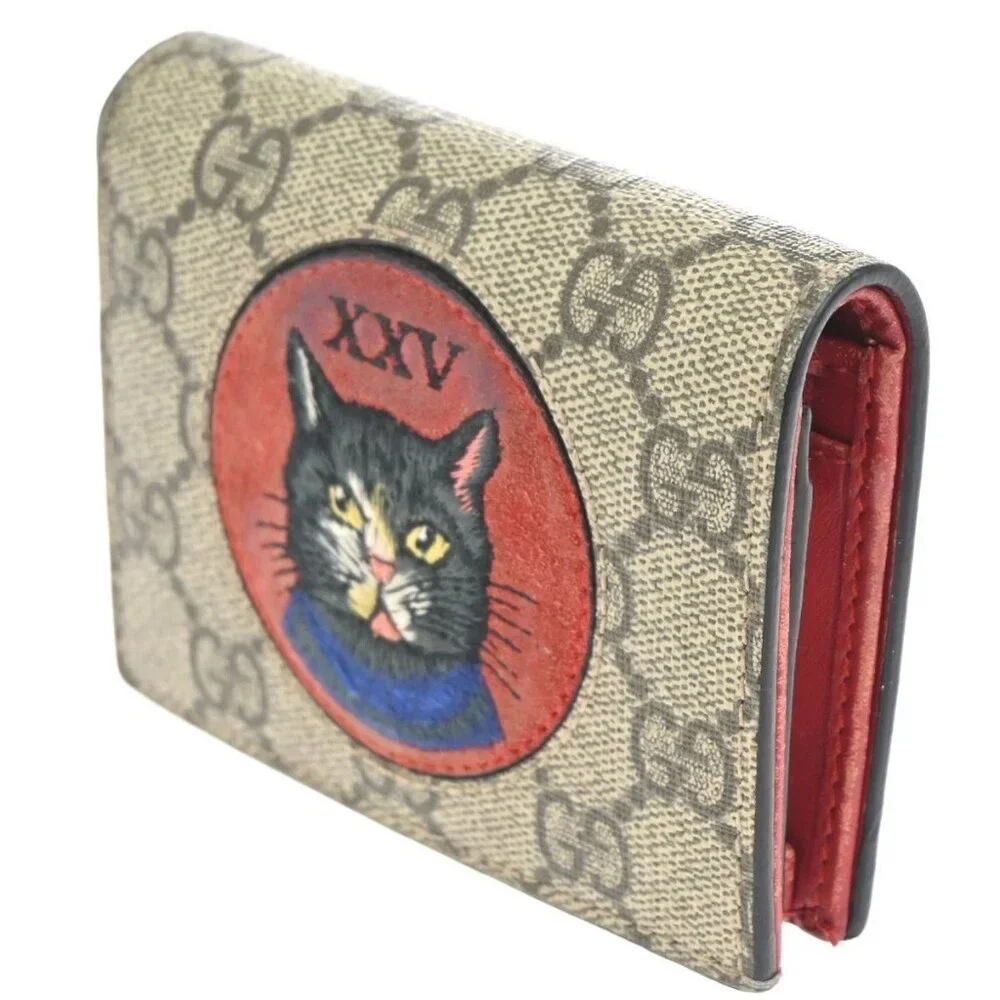 GUCCI Logo Mystic Cat GG Pattern Compact Wallet Supreme Leather Brown 63CA641 - Picture 2 of 12